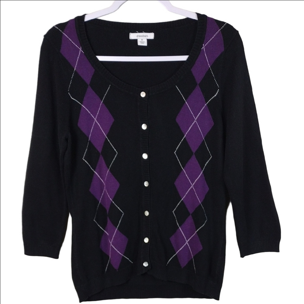 Dressbarn Black Purple Argyle Scoop Neck Long Sleeve Button Up Cardigan Sweater